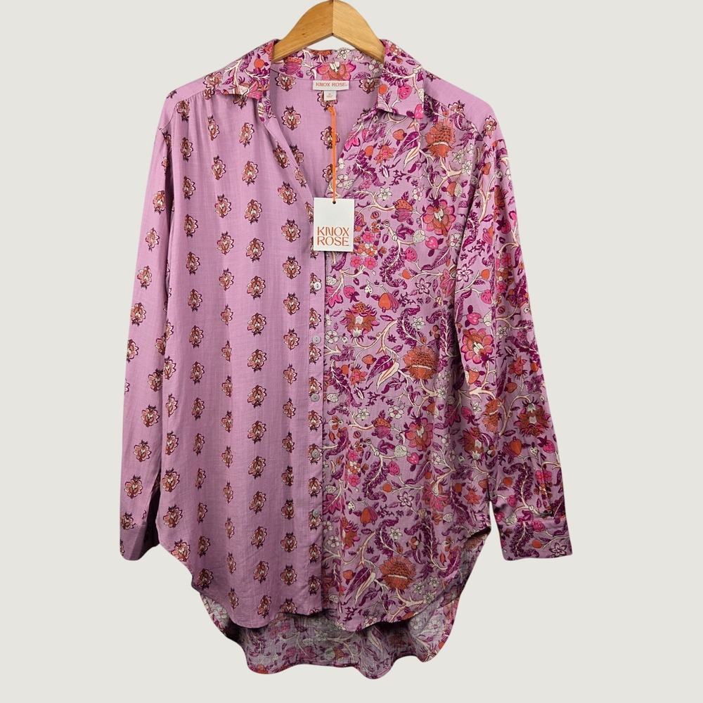 Knox Rose Button Down Shirt Women M Pink Floral NWT Boho Rayon Linen Cottagecore